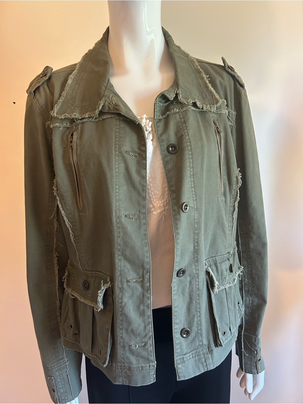 Olive Green Frayed Edge Utility Jacket - Women's